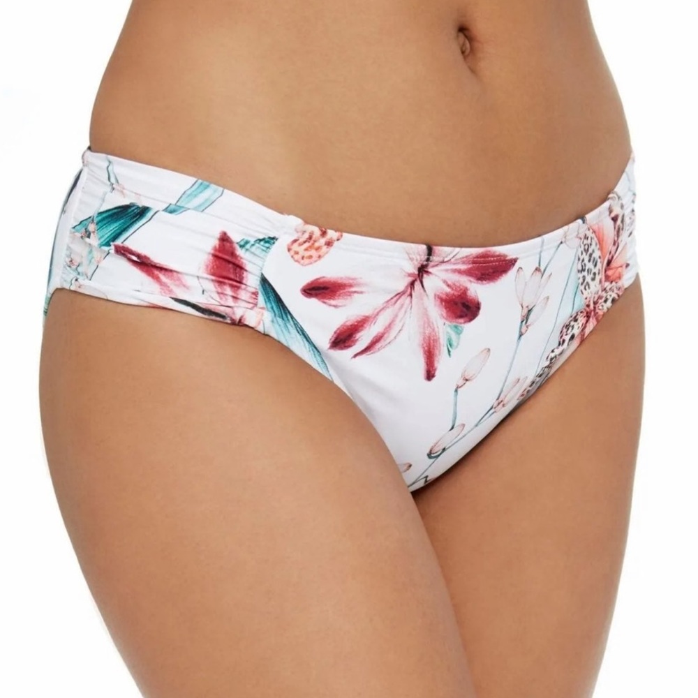 LA BLANCA Women's White flyaway orchid Ruched Bikini Bottom tropical floral NEW